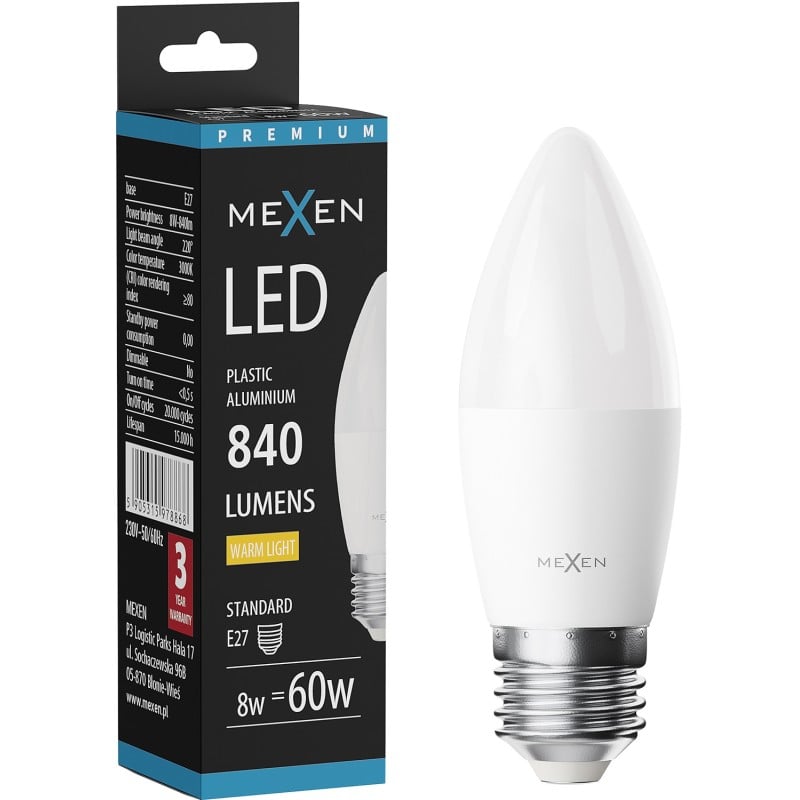 Mexen Nova Bec LED E27, C37, 8W, Caldă - 3000K, 840 lm - L102-E27-0830-01