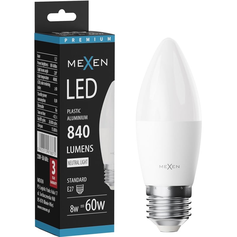 Mexen Nova LED izzó E27, C37, 8W, Semleges - 4000K, 840 lm - L102-E27-0840-01