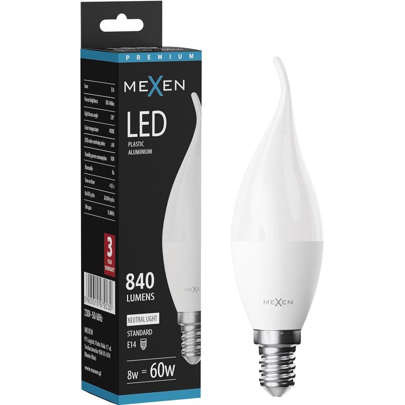 Mexen Nova LED láng izzó E14, C37, 8W, Semleges - 4000K, 840 lm - L106-E14-0840-01