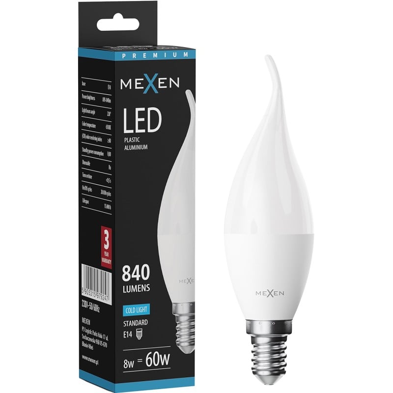 Mexen Nova LED izzó láng E14, C37, 8W, Hideg - 6500K, 840 lm - L106-E14-0865-01