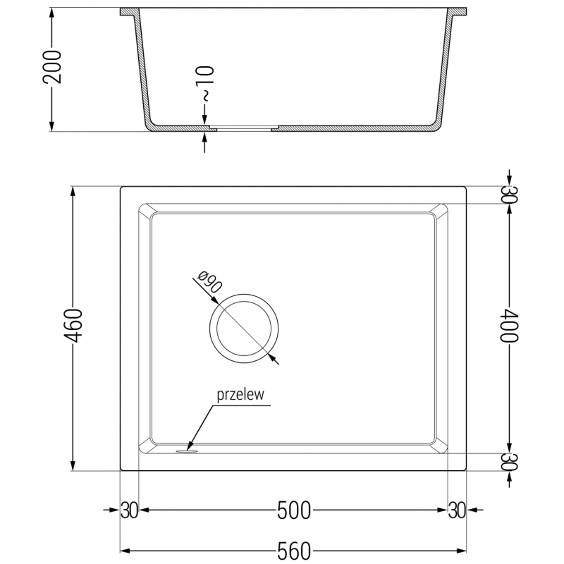 Mexen Pedro egyrekeszes gránit mosogató 560 x 460 mm, fekete/ezüst metál, arany szifon - 6508561000-73-G