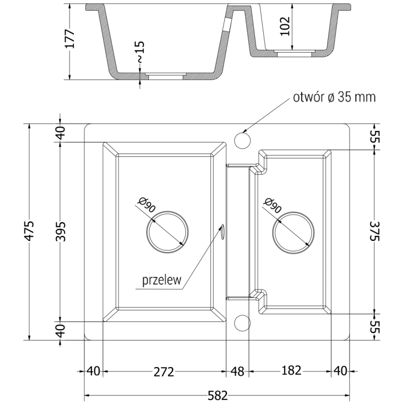 Mexen Carlos 1,5 rekeszes gránit mosogató 582 x 475 mm, fehér, króm szifon - 6518581500-20