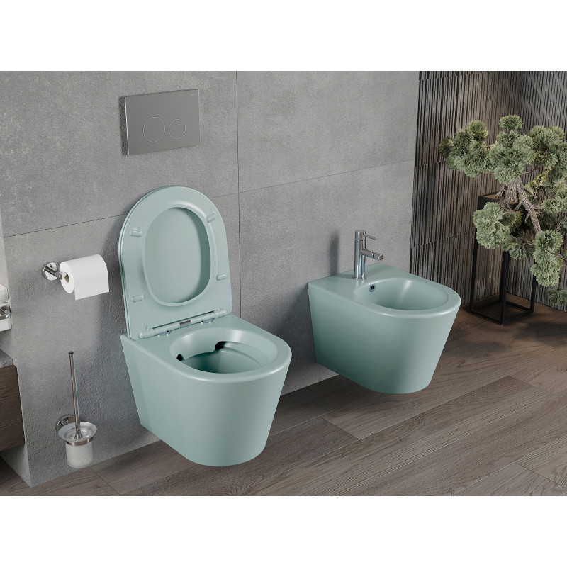 Mexen Rico vas de toaletă Rimless cu capac cu închidere lentă slim, duroplast, verde deschis mat - 30724048