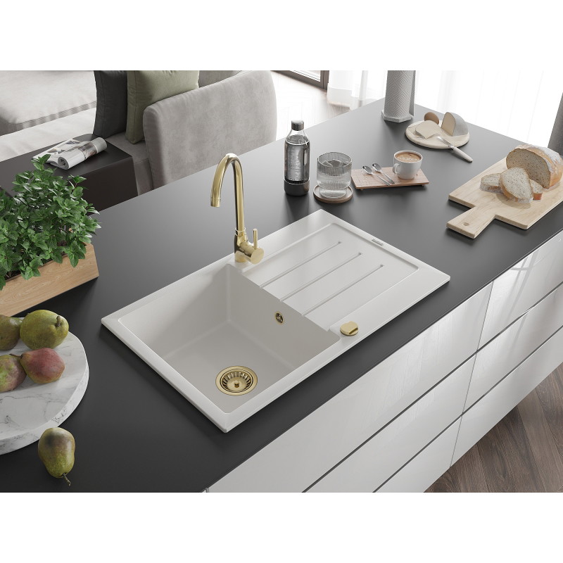 Mexen Bruno chiuvetă din granit cu 1 cuvă și scurgător 795 x 495 mm, alb, sifon auriu - 6513791010-20-G