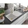 Mexen Bruno chiuvetă de bucătărie din granit cu 1 cameră, cu scurgător, 795 x 495 mm, albă, sifon auriu - 6513791010-20-G