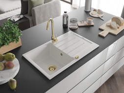 Mexen Bruno chiuvetă de granit cu 1 compartiment cu scurgător 795 x 495 mm, alb, sifon auriu - 6513791010-20-G