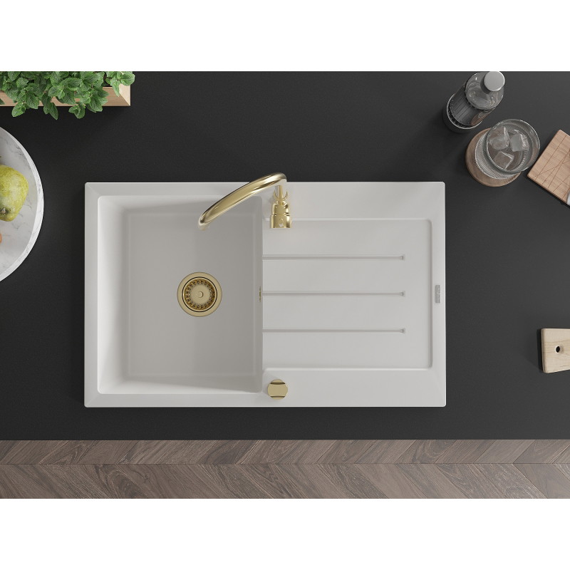 Mexen Bruno chiuvetă din granit cu 1 cuvă și scurgător 795 x 495 mm, alb, sifon auriu - 6513791010-20-G