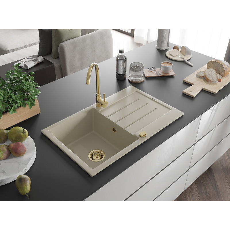 Mexen Bruno chiuvetă din granit cu 1 compartiment și scurgător 795 x 495 mm, bej, sifon auriu - 6513791010-69-G