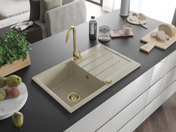 Mexen Bruno chiuvetă de granit cu 1 compartiment și scurgător 795 x 495 mm, bej, sifon auriu - 6513791010-69-G