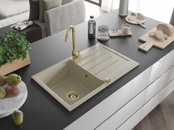 Mexen Bruno chiuvetă din granit cu 1 compartiment și scurgător 795 x 495 mm, bej, sifon auriu - 6513791010-69-G