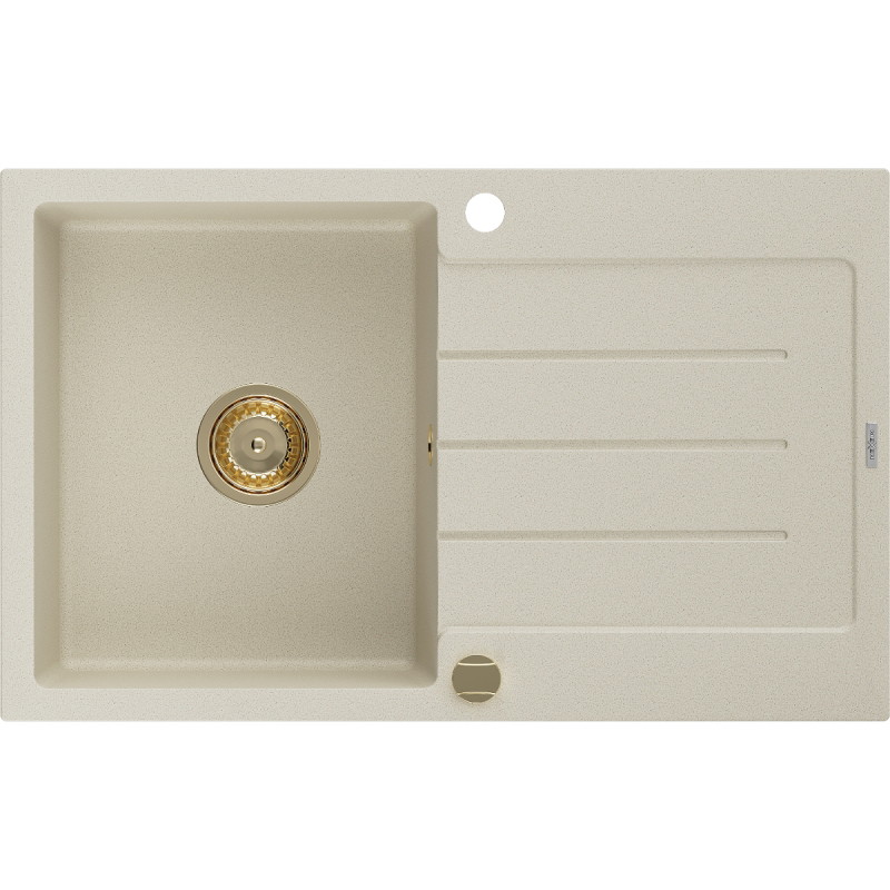 Mexen Bruno 1-medencés gránit mosogató csepegtetővel 795 x 495 mm, bézs, arany szifonnal - 6513791010-69-G