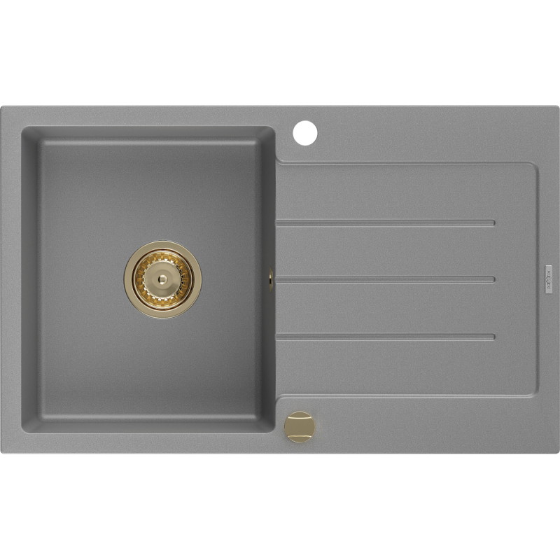 Mexen Bruno chiuvetă din granit cu 1 compartiment și scurgător 795 x 495 mm, gri, sifon auriu - 6513791010-71-G