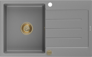 Mexen Bruno chiuvetă din granit cu 1 cuvă și picurător 795 x 495 mm, gri, sifon auriu - 6513791010-71-G
