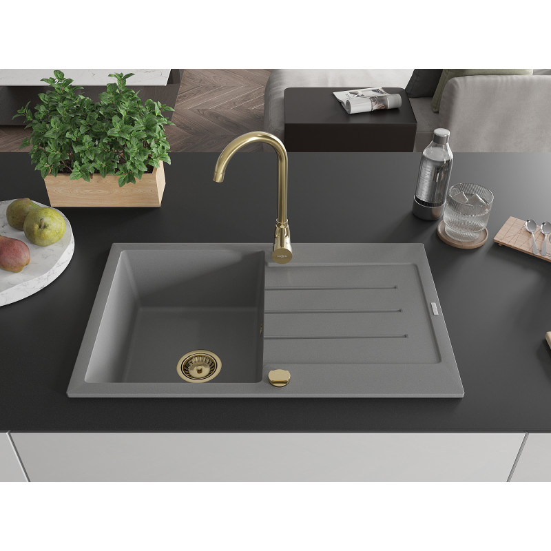 Mexen Bruno chiuvetă de granit cu 1 compartiment și scurgător 795 x 495 mm, gri, sifon auriu - 6513791010-71-G