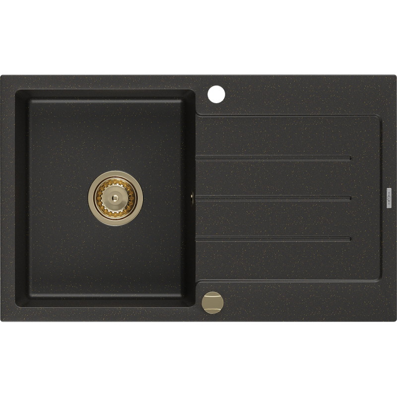 Mexen Bruno 1-medencés gránit mosogató csepegtetővel 795 x 495 mm, fekete/arany metál, arany szifonnal - 6513791010-75-G