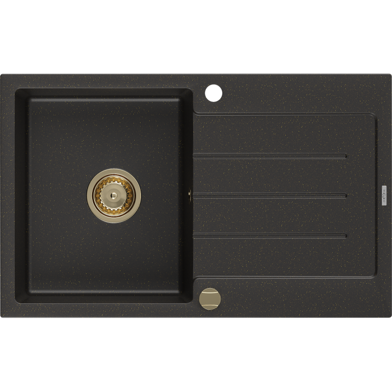 Mexen Bruno chiuvetă de granit cu o cuvă și picurător 795 x 495 mm, negru/auriu metalizat, sifon auriu - 6513791010-75-G