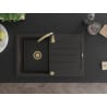 Mexen Bruno chiuvetă de granit cu o cuvă și picurător 795 x 495 mm, negru/auriu metalizat, sifon auriu - 6513791010-75-G