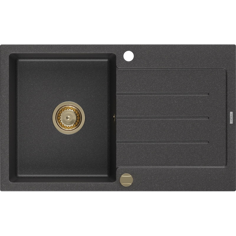 Mexen Bruno 795 x 495 mm-es 1-medencés gránit mosogató csepegtetőtálcával, fekete pöttyös, arany szifon
