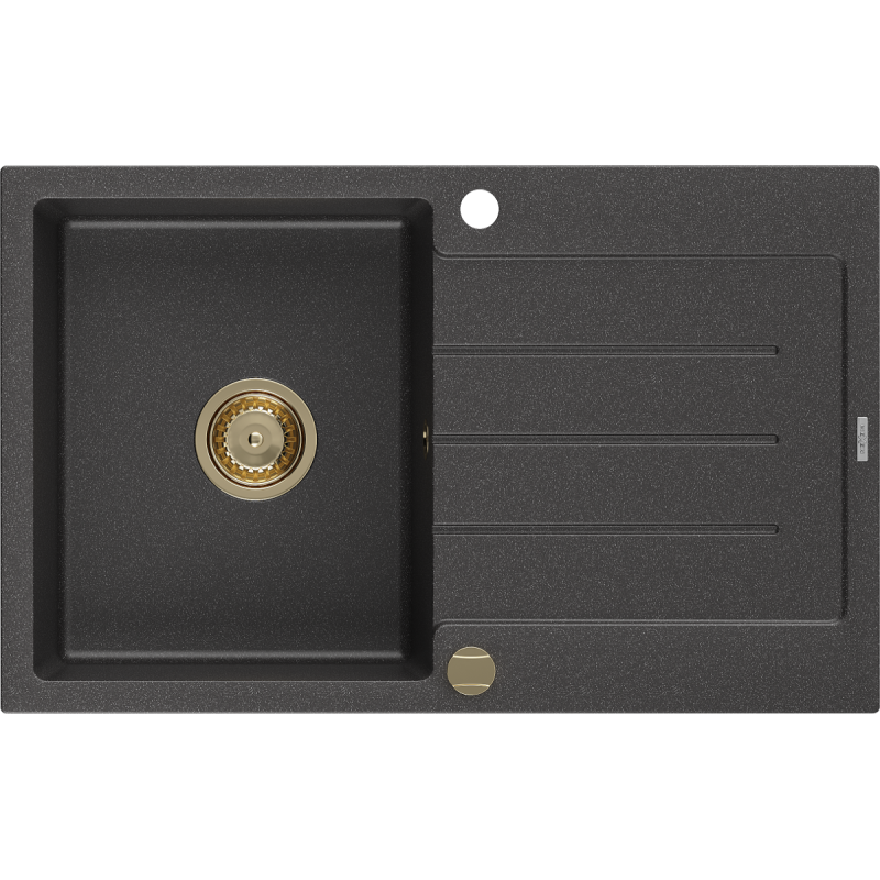 Mexen Bruno chiuvetă granit cu 1 compartiment și scurgător 795 x 495 mm, negru înspicat, sifon auriu - 6513791010-76-G