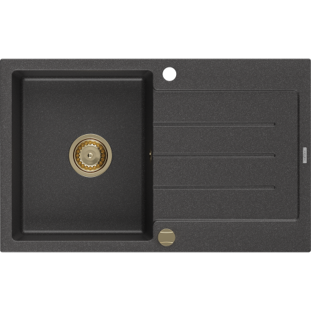 Mexen Bruno chiuvetă granit cu 1 compartiment și scurgător 795 x 495 mm, negru înspicat, sifon auriu - 6513791010-76-G