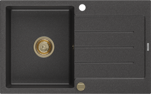 Mexen Bruno chiuvetă granit cu 1 compartiment și scurgător 795 x 495 mm, negru înspicat, sifon auriu - 6513791010-76-G