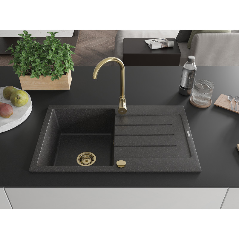 Mexen Bruno 795 x 495 mm-es, 1-medencés, csepegtetős gránit mosogató, fekete pöttyös, arany szifonnal - 6513791010-76-G
