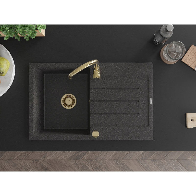 Mexen Bruno chiuvetă granit cu 1 compartiment și scurgător 795 x 495 mm, negru înspicat, sifon auriu - 6513791010-76-G