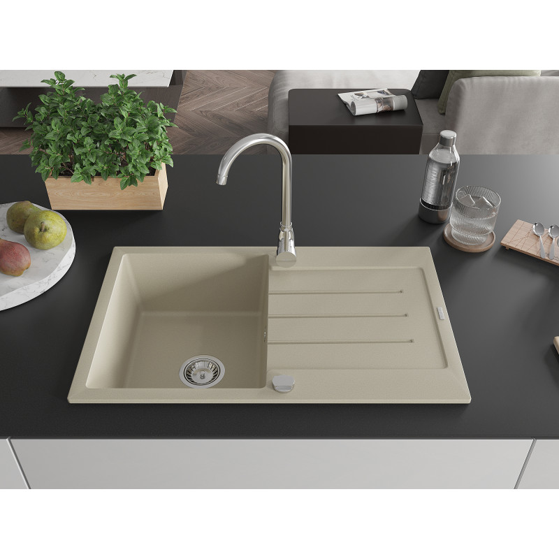 Mexen Bruno chiuvetă de bucătărie din granit cu 1 compartiment și scurgător 795 x 495 mm, bej, sifon cromat - 6513791010-69