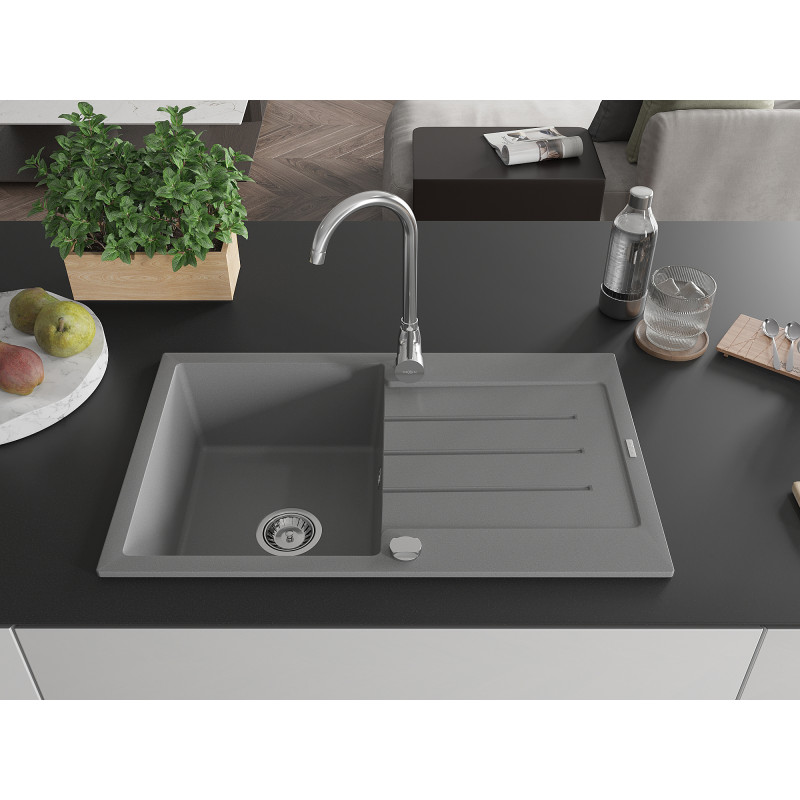 Mexen Bruno chiuvetă de granit cu 1 compartiment și scurgător 795 x 495 mm, gri, sifon crom - 6513791010-71