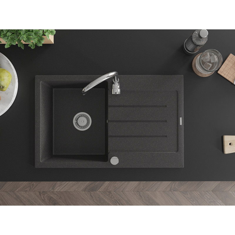 Mexen Bruno chiuvetă de granit cu 1 compartiment și scurgător 795 x 495 mm, negru pătat, sifon crom - 6513791010-76