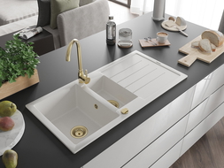 Mexen Andres chiuvetă din granit cu 1,5 cuve și scurgător 1000 x 500 mm, albă, sifon auriu - 6515101510-20-G