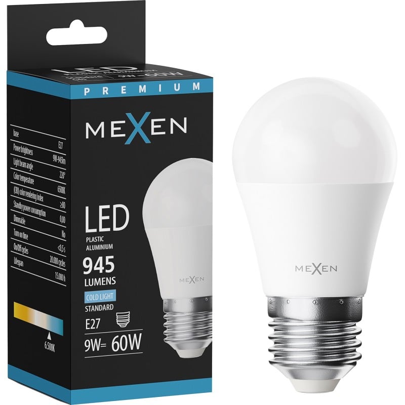 Mexen Nova LED izzó E27, G45, 9W, Hideg - 6500K, 945 lm - L101-E27-0965-01
