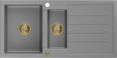 Mexen Andres chiuvetă de granit cu 1,5 compartimente și scurgător 1000 x 500 mm, gri, sifon auriu - 6515101510-71-G
