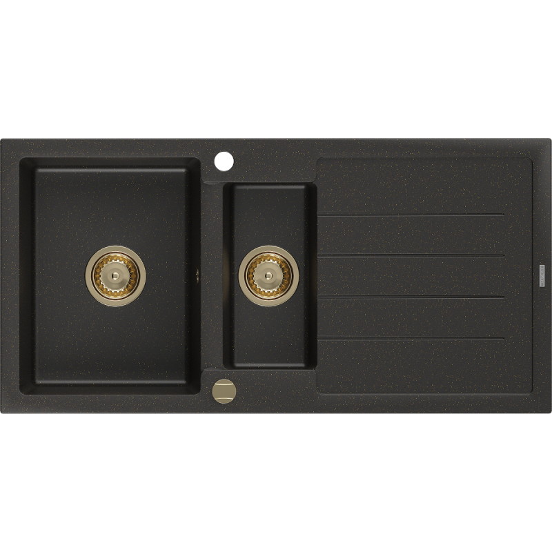 Mexen Andres chiuvetă de granit cu 1,5 cuve și picurător 1000 x 500 mm negru/auriu metalizat, sifon auriu - 6515101510-75-G