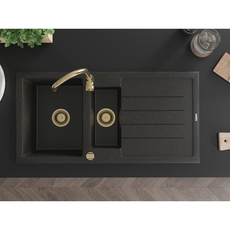 Mexen Andres chiuvetă granit de 1,5 camere cu scurgător 1000 x 500 mm negru/auriu metalic, sifon auriu - 6515101510-75-G