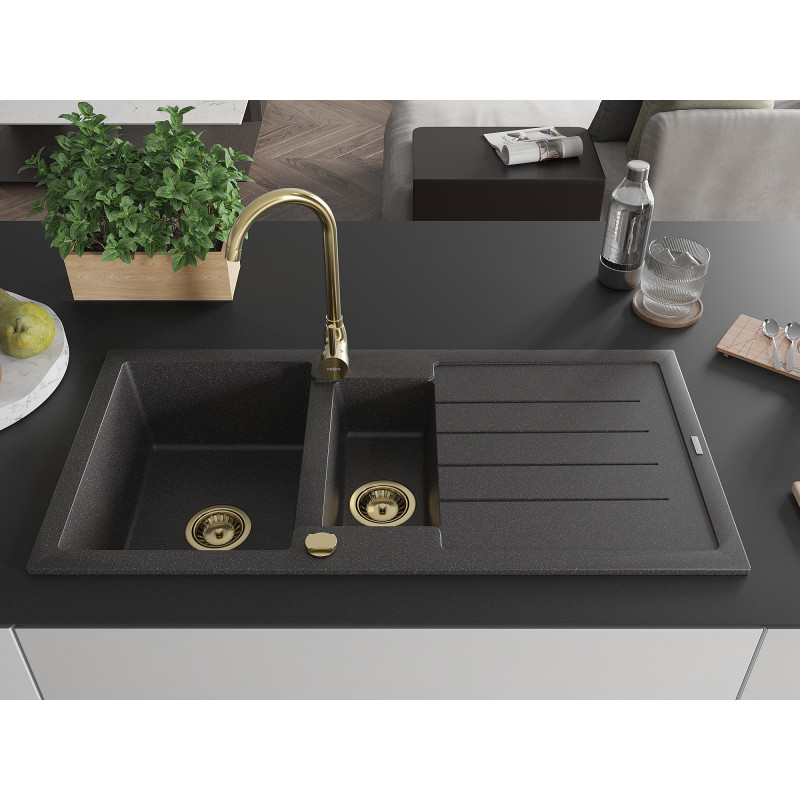 Mexen Andres chiuvetă de granit cu 1,5 cuve și scurgător 1000 x 500 mm negru cu pete, sifon auriu - 6515101510-76-G