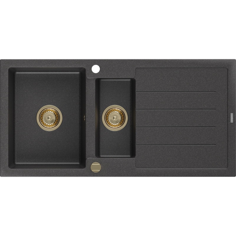Mexen Andres chiuvetă de granit cu 1,5 compartimente cu picurător 1000 x 500 mm negru pătat, sifon auriu - 6515101510-76-G