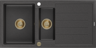 Mexen Andres chiuvetă din granit cu 1,5 cuve cu picurător 1000 x 500 mm negru presărat, sifon auriu - 6515101510-76-G