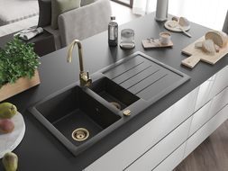 Mexen Andres chiuvetă de granit cu 1,5 compartiment cu picurător 1000 x 500 mm Neagră picățele, sifon Auriu - 6515101510-76-G