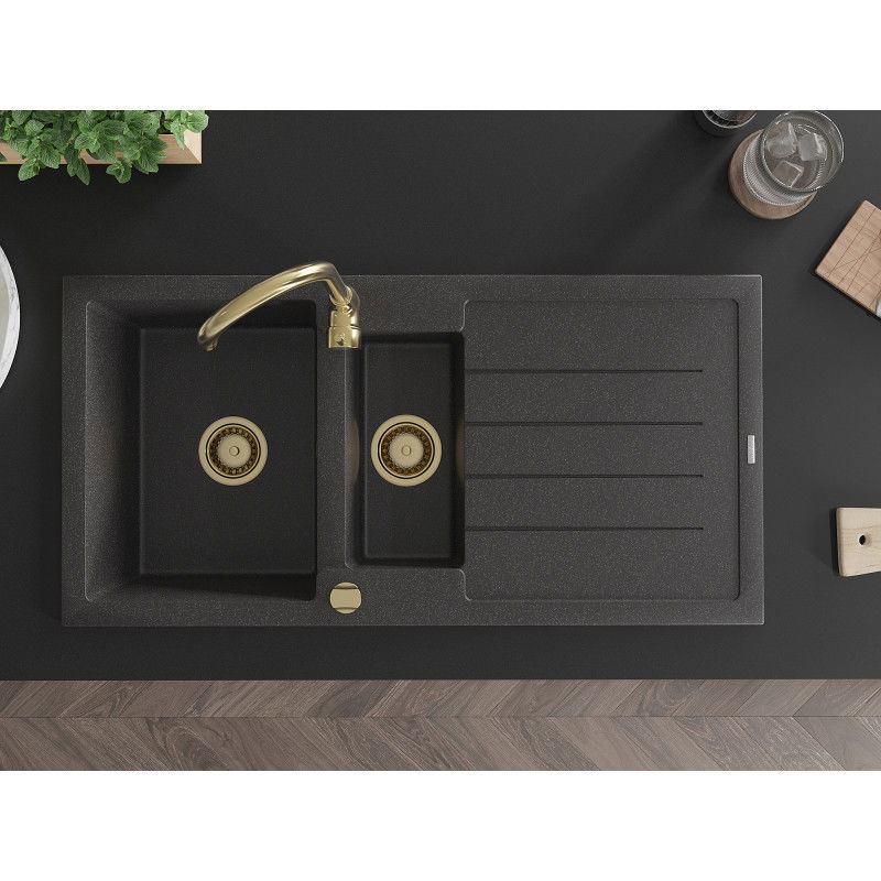 Mexen Andres gránit mosogató 1,5 medencés csepegtetővel 1000 x 500 mm fekete pöttyözött, arany szifonnal - 6515101510-76-G