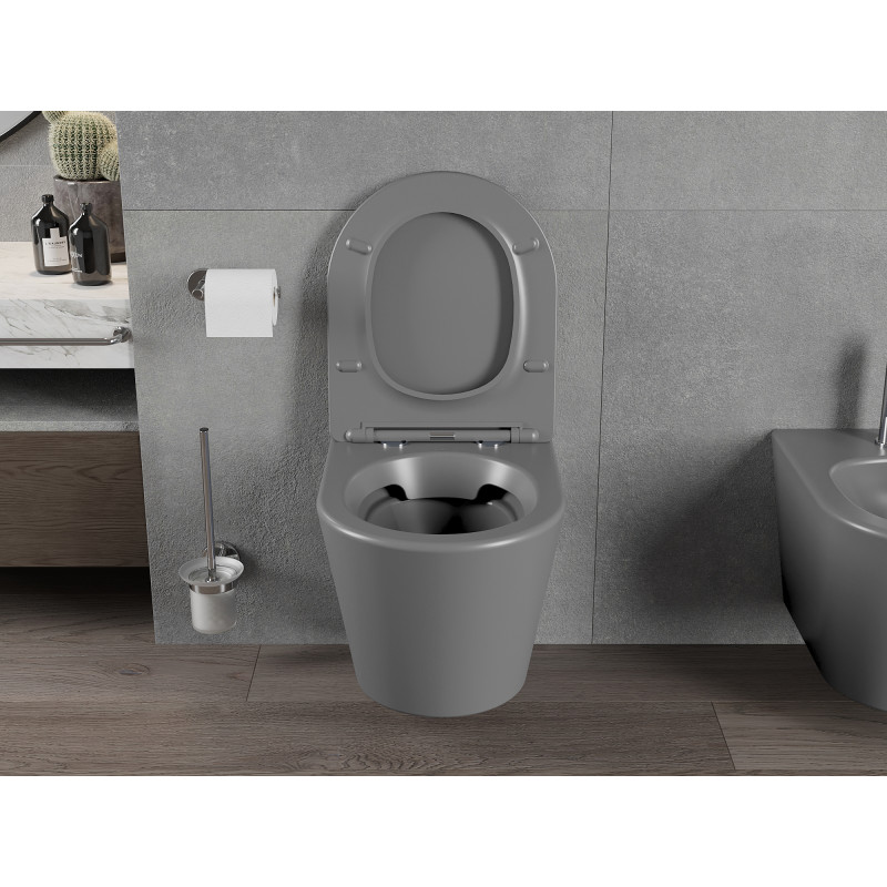 Mexen Rico Rimless WC csésze lassú záródású, vékony duroplast ülőkével, sötét szürke matt - 30724071