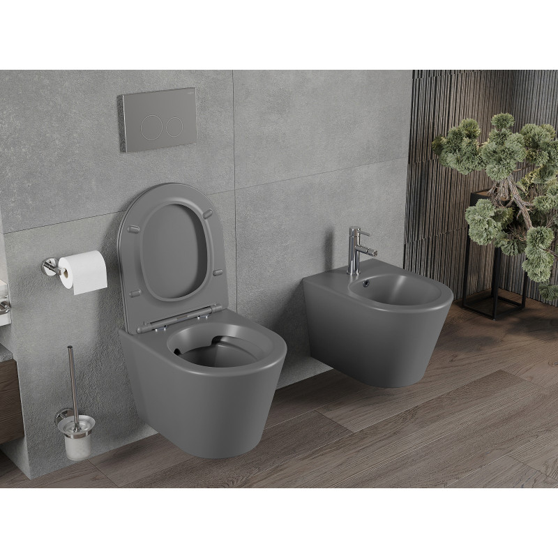 Mexen Rico Rimless WC csésze lassú záródású, vékony duroplast ülőkével, sötét szürke matt - 30724071