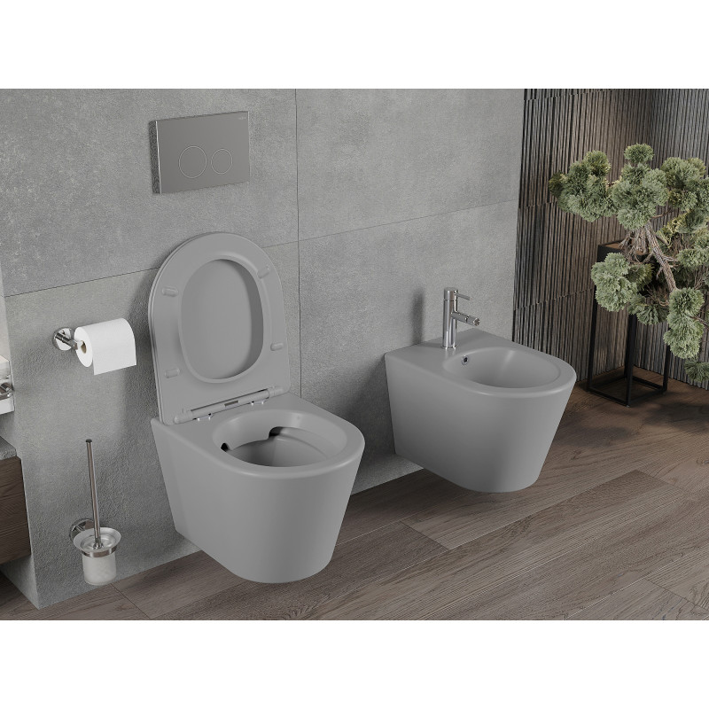 Mexen Rico vas de toaletă Rimless cu capac cu cădere lentă, slim, duroplast, gri deschis mat - 30724061