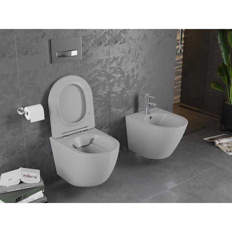 Mexen Lena Rimless WC-csésze lassan záródó slim duroplast ülőkével, világos szürke matt - 30224061