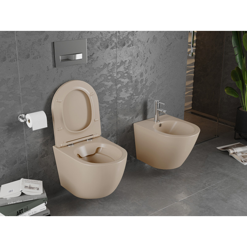 Mexen Lena Rimless WC csésze lassan leereszkedő, slim duroplast üléssel, matt cappuccino - 30224064