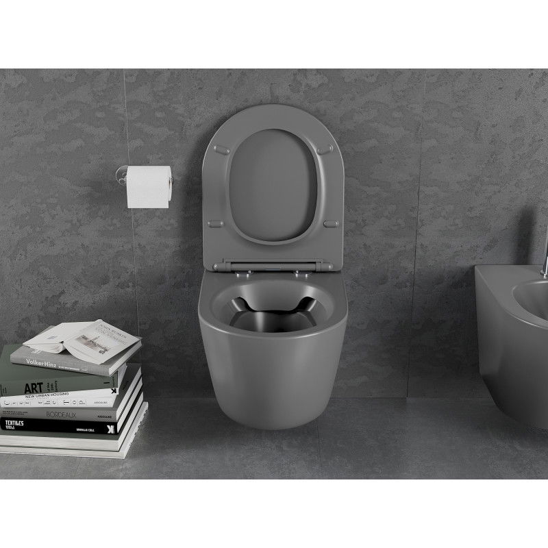 Mexen Lena, perem nélküli WC csésze lassan záródó, vékony duroplast, sötétszürke matt - 30224071