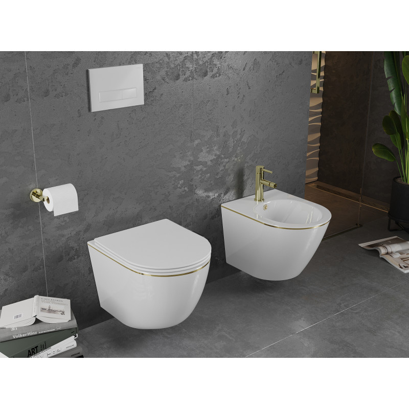 Mexen Lena Rimless WC csésze lassan záródó slim duroplast üléssel, fehér/arany vonal - 30224005
