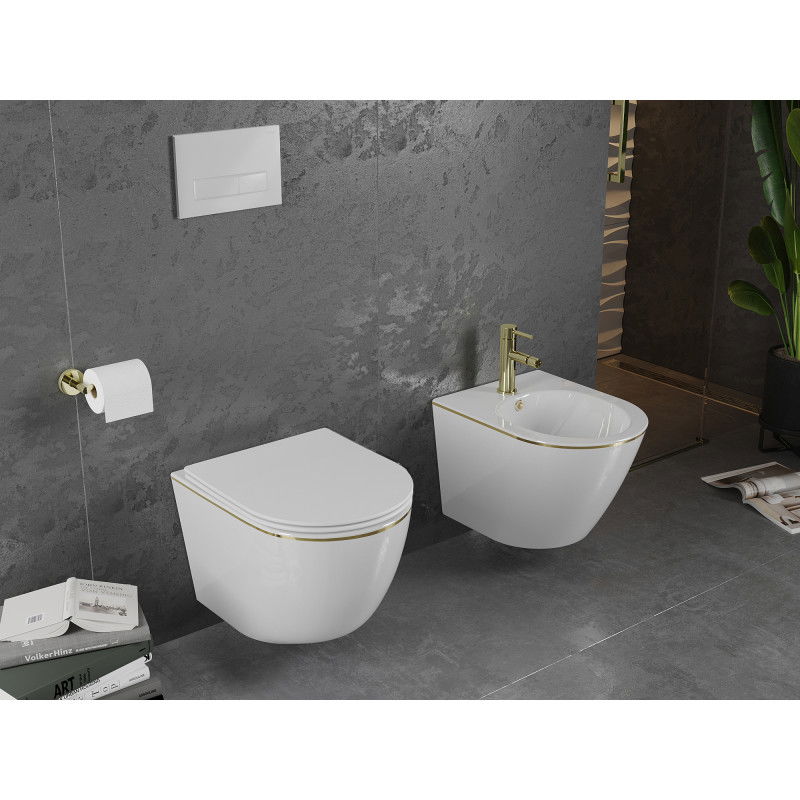 Mexen Lena vas wc Rimless cu capac slim cu închidere lentă, duroplast, alb/linie aurie - 30224005