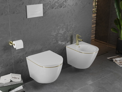 Mexen Lena Rimless WC csésze lassan záródó slim duroplast üléssel, fehér/arany vonal - 30224005
