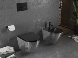 Mexen Lena Rimless WC csésze lassan záródó slim duroplast, fekete matt/ezüst pikkelyminta - 30224072
